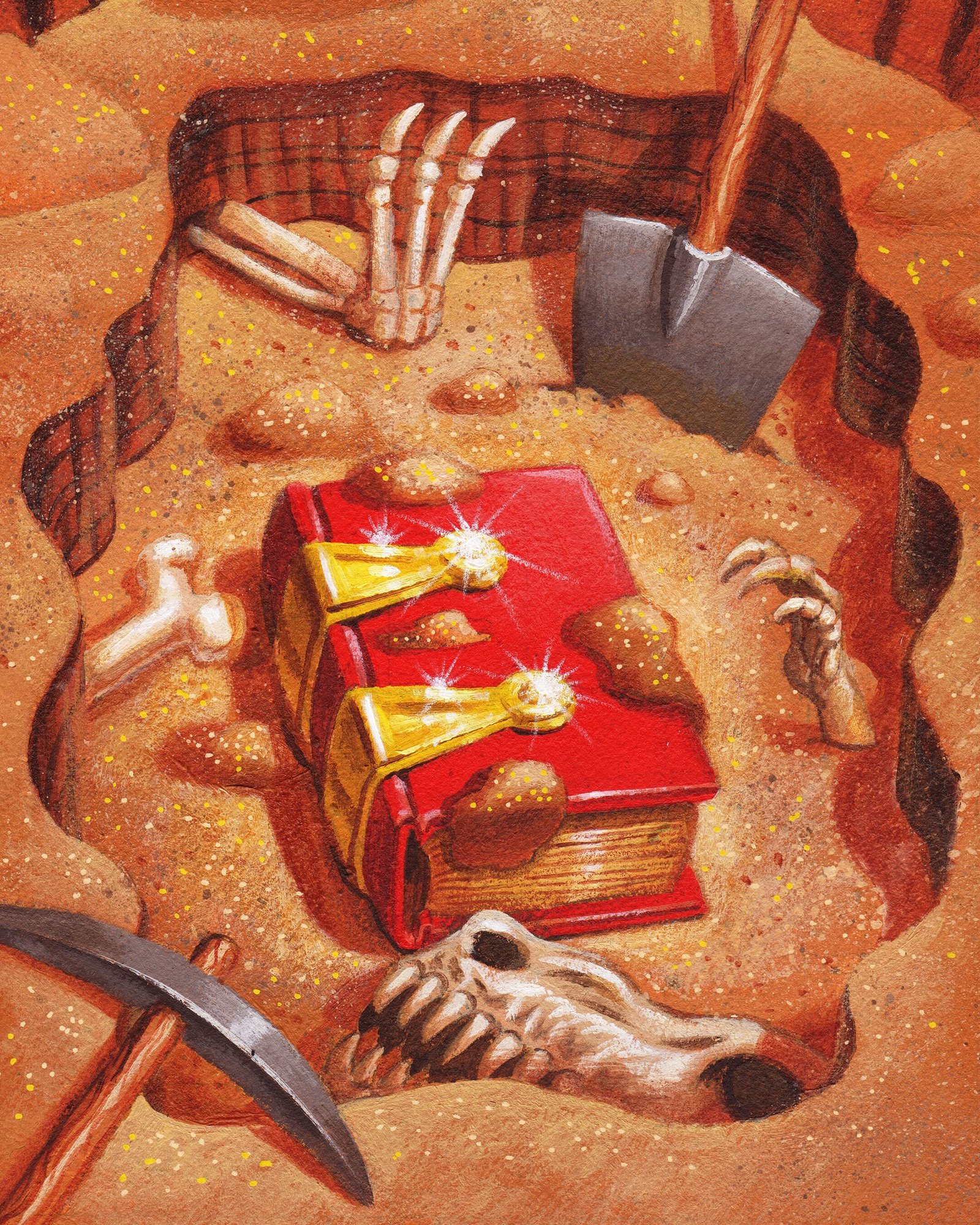 Ilustracja książki znalezionej wśród skamielin w wykopaliskach archeologicznych.